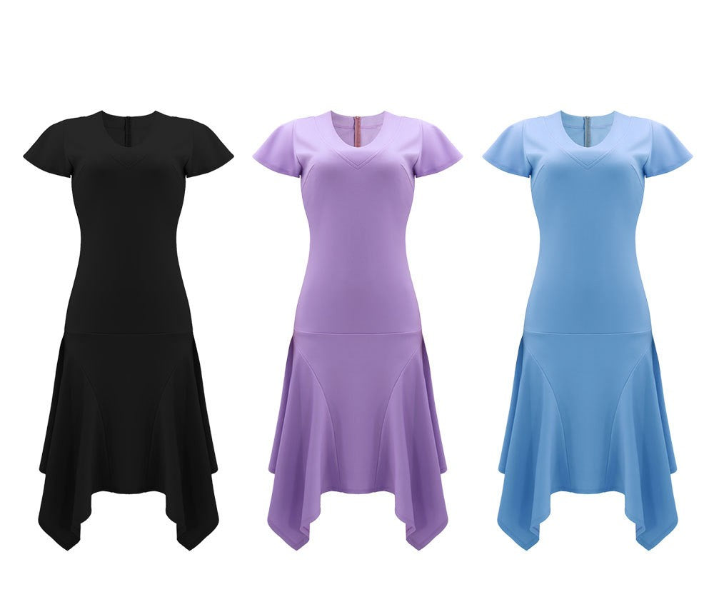 Lotus leaf sleeves V-neck slim irregular skirt solid color high waist mid-length skirt